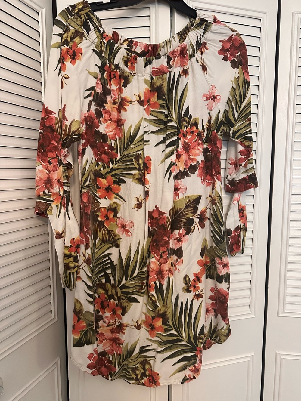 White Floral Off-Shoulder Tunic Dress - Pink & Green Tropical Print
